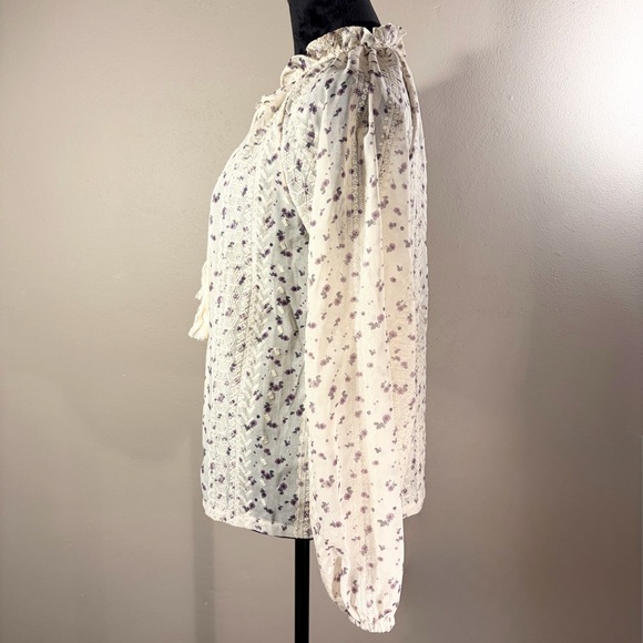 Knox Rose Boho Floral Embroidered Lace Peasant Top Cream Purple Tassel Tie Sz S - Picture 9 of 15